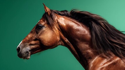 A Majestic Brown Horse Gallops in Slow Motion, Its Flowing Mane and Powerful Muscles Against a Green Screen. - Powered by Adobe