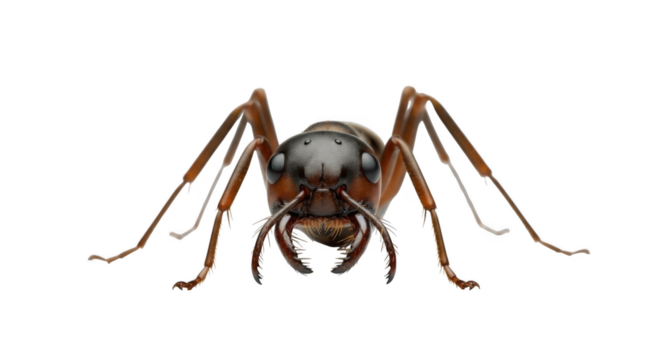 Detailed close-up front view of a large red wood ant insect with its antennae and mandibles clearly visible against a black background a macro photograph showcasing its intricate anatomy and texture - Powered by Adobe
