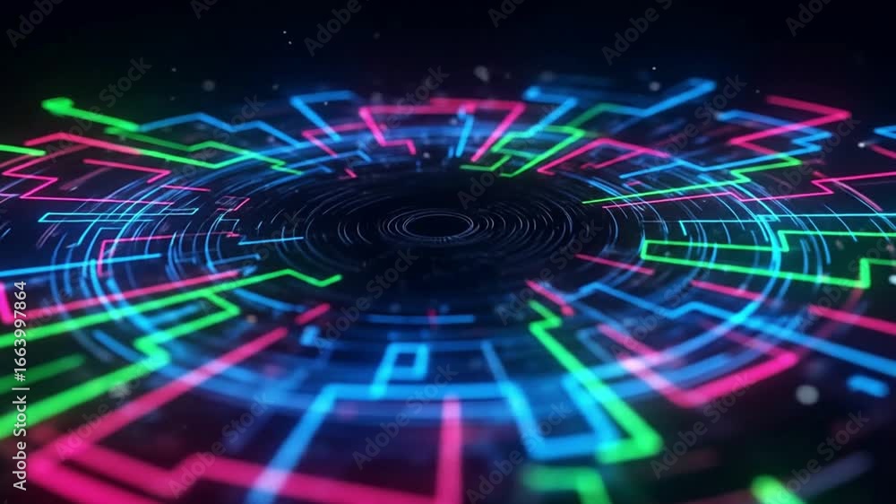 Poster an abstract lowangle perspective of colorful lines forming a tunnel or vortex against a dark backdro