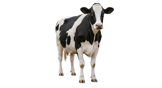 A black and white dairy cow standing on an isolated background looking directly at the camera