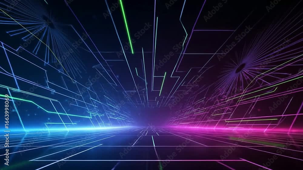 Aufkleber abstract tunnel effect with neon lines in blue green purple and grid pattern converging in the cente