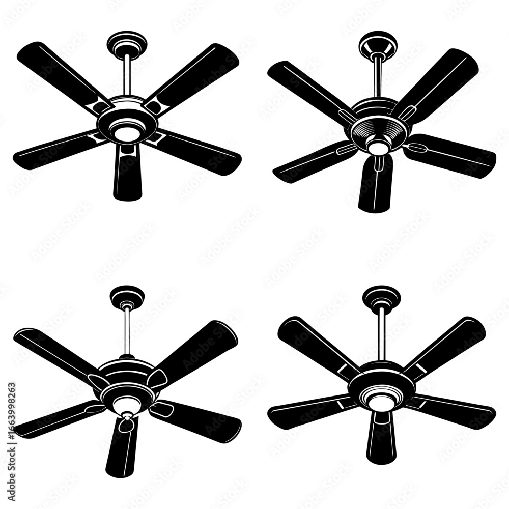 Poster four ceiling fans with five blades each arranged in a grid pattern with a white background illustrat