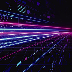 Futuristic digital landscape with vibrant neon light trails streaking across a dark cyberspace grid, representing high-speed data transfer.