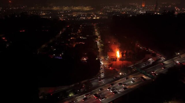 4K Aerial Night Footage of Firefighters Extinguishing Tree Fire After July 4th Fireworks in LA &ndash; Los Angeles Wildfire, Emergency Response, Independence Day Fire Accident, California Nighttime Scene