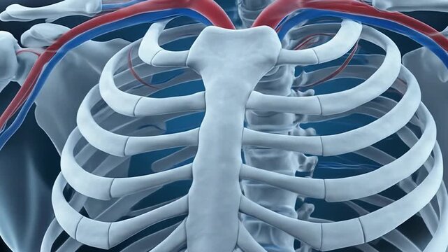 Anatomical illustration of a ribcage featuring the sternum shoulder and a redblue network of arteries and veins