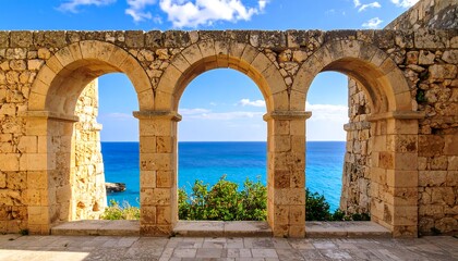 Obraz premium A vista of a tranquil coastal scene, framed by ancient stone arches, showcasing a brilliant blue sea.