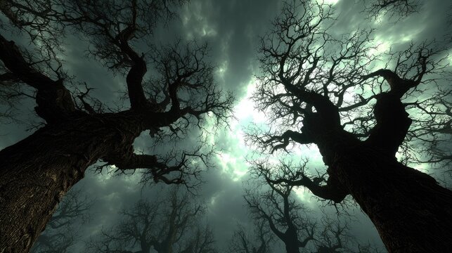 Bare trees reaching towards a stormy sky. - Powered by Adobe
