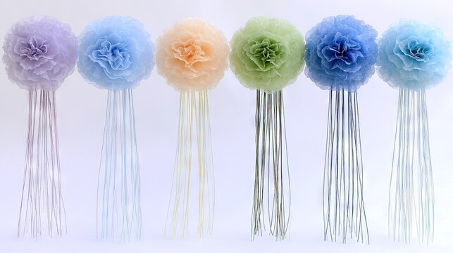 Colorful paper flower decorations with long strings. - Powered by Adobe