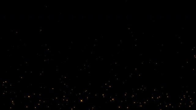 Abstract animation loop glow gold stars particles flow up on black background. 4K 3D seamless looping gold bokeh particles dust fly in the air.