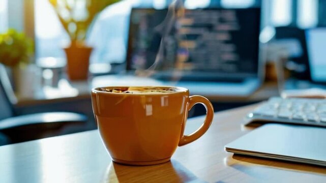 Close up a cup of coffee on the desk in the office.