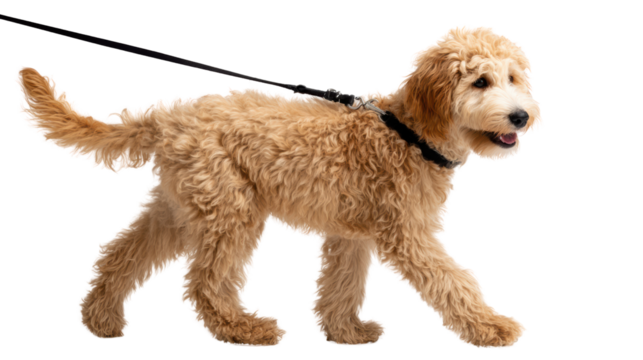 A cheerful brown dog walking on a leash, showcasing its playful spirit and fluffy coat.