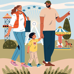 Family Enjoying Day at Amusement Park Vector Illustration