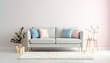 Cozy Sofa with Cushions and Candles in Modern Home Space