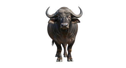 Majestic African Buffalo stands powerfully in natural habitat showcasing its formidable curved horns and rugged appearance representing African wildlife and nature