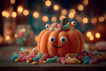 Orange pumpkin carved into Jack o Lantern with eyeball candy and gummy worms 