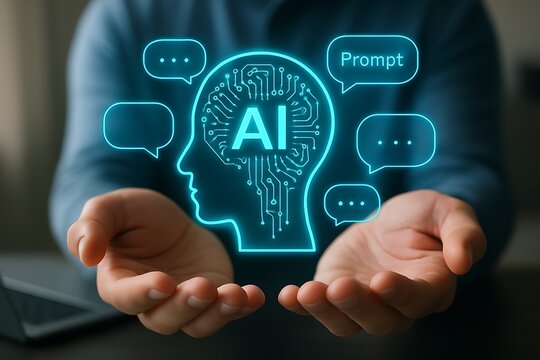 Human hands holding glowing AI head with chat bubbles - Powered by Adobe