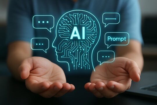 Human hands holding glowing AI head with chat bubbles - Powered by Adobe