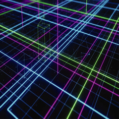 Abstract grid of intersecting neon lines in blue, green, and pink against a dark background.