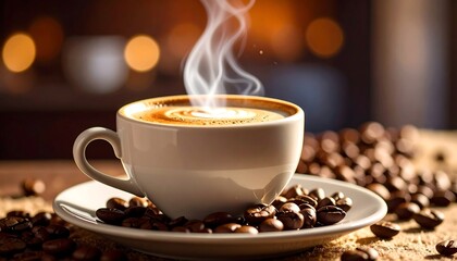 Hot coffee in a white cup with steam