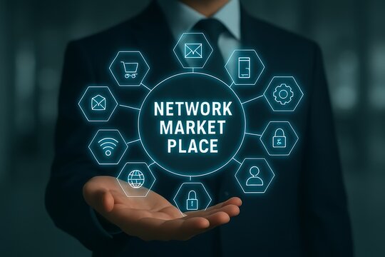 Man shows digital network marketplace and Wi- Fi symbol