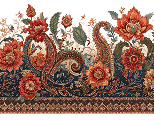 Henna Border Pattern with Paisley and Floral Swirls, PNG