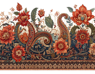 Henna Border Pattern with Paisley and Floral Swirls, PNG