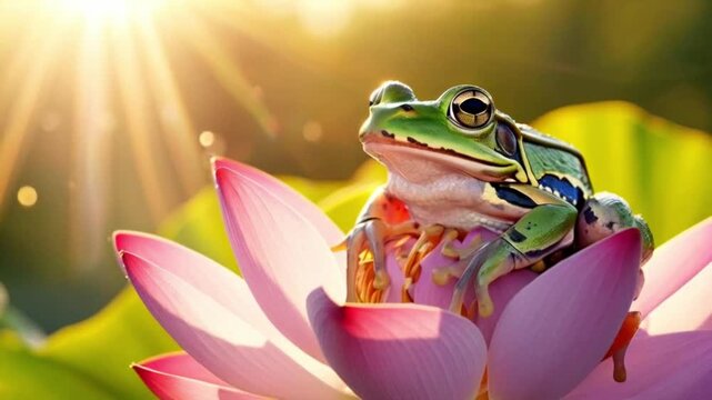 Close up of frog on the lotus flower with sunlight morning. Wildlife background concept..