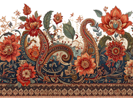 Henna Border Pattern with Paisley and Floral Swirls, PNG