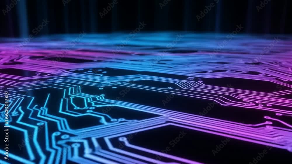 Aufkleber glowing blue and magenta circuit board pattern with interconnected pathways on a dark surface creati