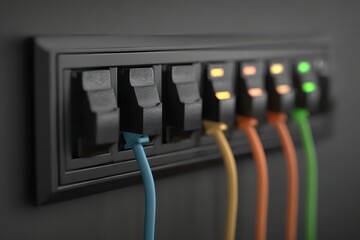 Modern network switch with multiple ethernet cables connected and indicator lights illuminated