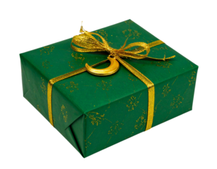 Luxury Eid Gift Box with Golden Ribbon and Crescent Charm, PNG