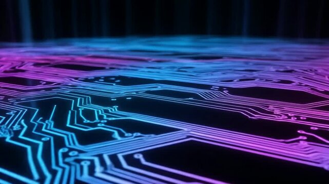 Glowing blue and magenta circuit board pattern with interconnected pathways on a dark surface creating a techy aesthetic