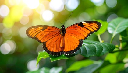Obraz premium Vibrant Orange Butterfly with Black Markings Perched on Lush Green Leaves in Soft Sunlight.