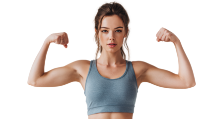 Confident woman flexing muscles, showcasing strength and fitness in activewear, isolated on white background.