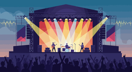 A vibrant flat design illustration capturing the high energy of a live band performing on a massive outdoor festival stage, surrounded by an enthusiastic, cheering crowd.