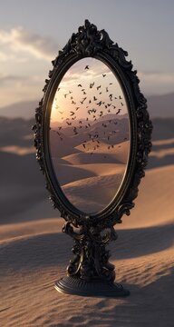 Ornate mirror reflecting desert sunset with birds