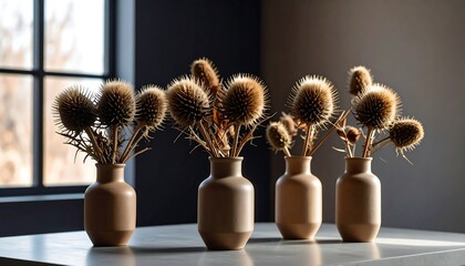 Four muted beige vases hold dried thistle arrangements, creating a warm and minimalist aesthetic.