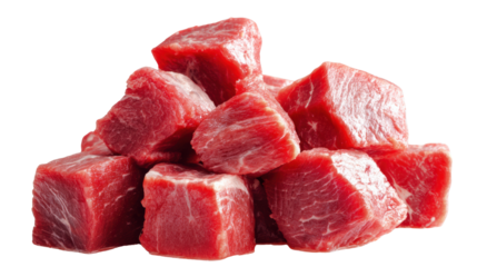 Fresh, high-quality beef cubes ready for cooking or grilling, isolated on a white background.