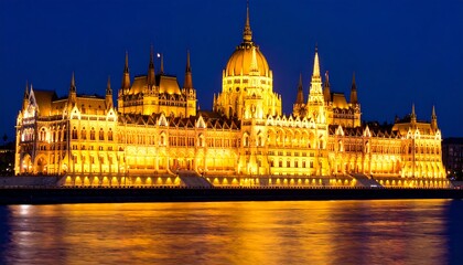 Fototapeta premium Illuminated Hungarian Parliament Building at Night (1)