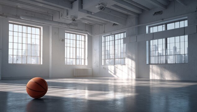 Empty white loft space with basketball. City view through large windows