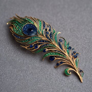 Ornate peacock feather brooch, detailed with blue and green gemstones