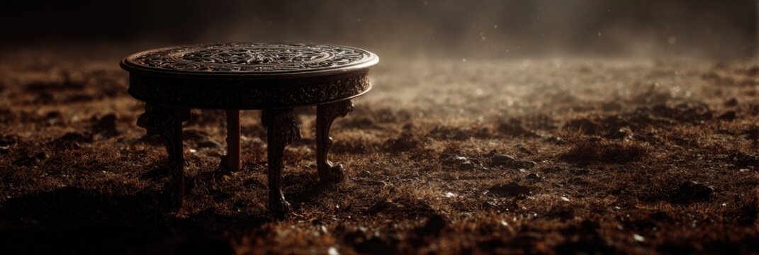 Dark, antique-style table on a dusty, mossy ground