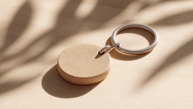 Light beige wooden keyring, metal ring, shadows