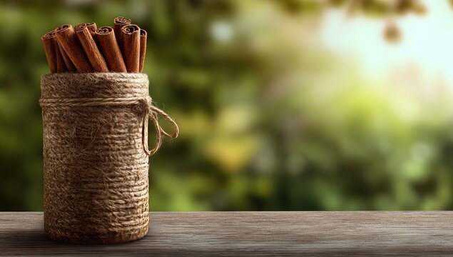 Cinnamon sticks in a rustic container
