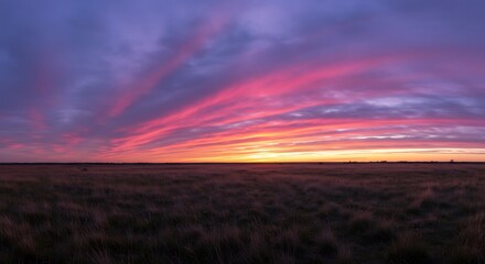 A spectacular panoramic vista of a dramatic sunset sky, with vibrant pink and purple clouds streaking over a vast, tranquil prairie landscape