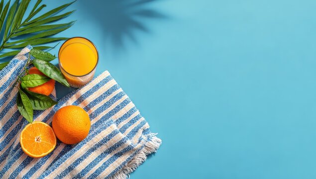 Fresh orange juice and fruit on a blue background with a striped napkin