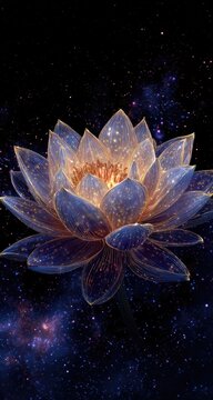 Glowing, translucent lotus flower in space