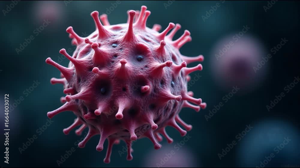 Poster a detailed microscopic view of a virus particle, showcasing its intricate structure and menacing app