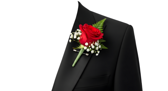 Red Rose Boutonniere on Black Suit