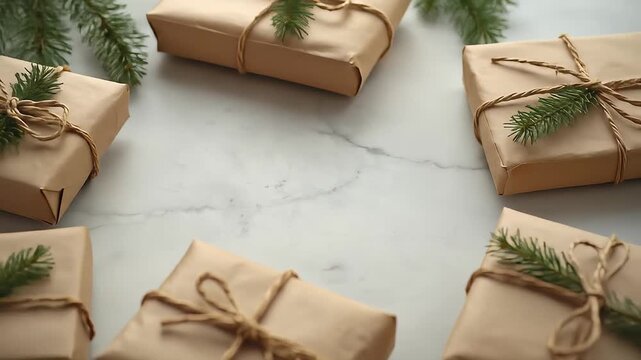 Artistic shot displaying wrapped gifts adorned with twine and sprigs, holiday cheer